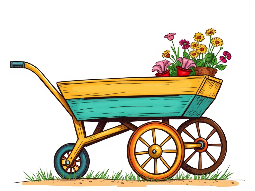 Create a detailed illustration of a hand-drawn garden cart in a vibrant color palette, with a clear blue sky background, using a DSLR camera with a 50mm lens, aperture set to f/2.8, ISO 100, and a wide-angle view to enhance depth and detail.