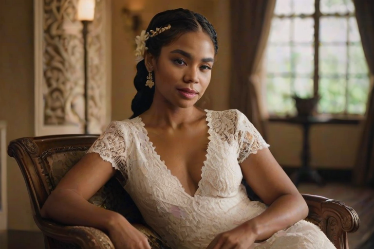 Create a portrait of a refined and elegant Fijian woman seated in a sophisticated setting. She has long, wavy hair styled in two thick braids that are pulled over her shoulders. She wears a white, lace gown with intricate patterns, featuring a deep V-neckline and short sleeves. The dress exudes a vintage charm with its delicate lacework. She is adorned with ornate, dangling earrings that add a touch of glamour to her appearance. The background is softly lit, with warm, ambient lighting that creates a cozy and inviting atmosphere. Her expression is poised and serene, capturing a sense of grace and elegance.
