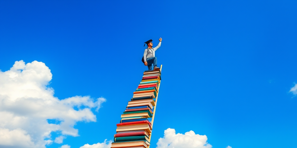 Create an image of a person climbing a ladder made of books reaching towards a graduation cap and diploma in the sky with a blue background and fluffy clouds, shot with a DSLR camera at f/8 aperture, ISO 100, 50mm lens, high dynamic range style.