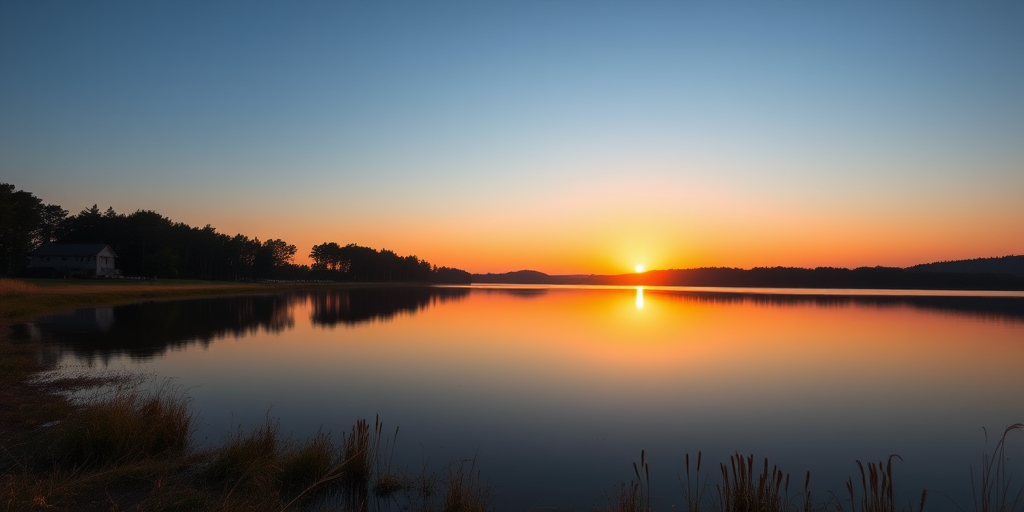 Generate a high-resolution image of a serene landscape with a clear blue sky reflecting on a calm lake during sunset, using a DSLR camera with a 50mm lens, aperture f/2.8, ISO 100, and a shutter speed of 1/125s for optimal quality.