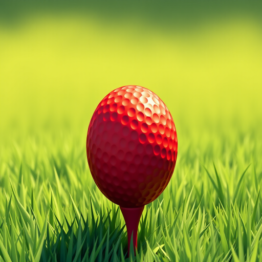 Create a detailed illustration of a golf ball on a tee with a vibrant red color, set against a lush green grass background, using a DSLR camera with a 50mm lens, aperture f/2.8, ISO 100, and a shallow depth of field for a soft focus effect.