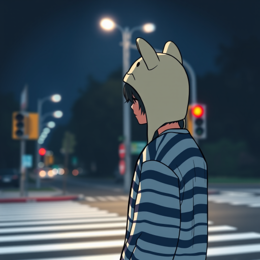 Create a night scene illustration of a person in a striped shirt and a cat ear hat standing at a crosswalk with blurred streetlights in the background, using a DSLR camera with a 50mm lens, aperture f/1.8, ISO 200, and a low angle view to emphasize depth and dynamic lighting.