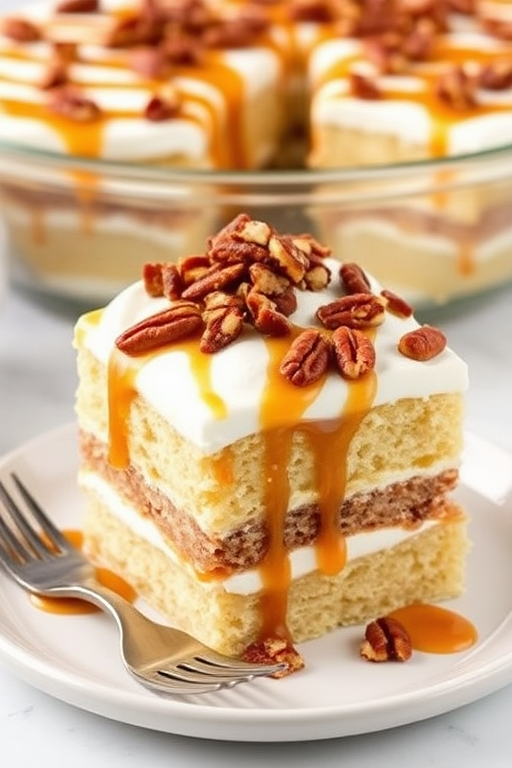 Delicious layered dessert with cake layers topped with whipped cream caramel sauce and chopped pecans served on a plate with a fork beside it and more dessert in the background on a glass serving dish.