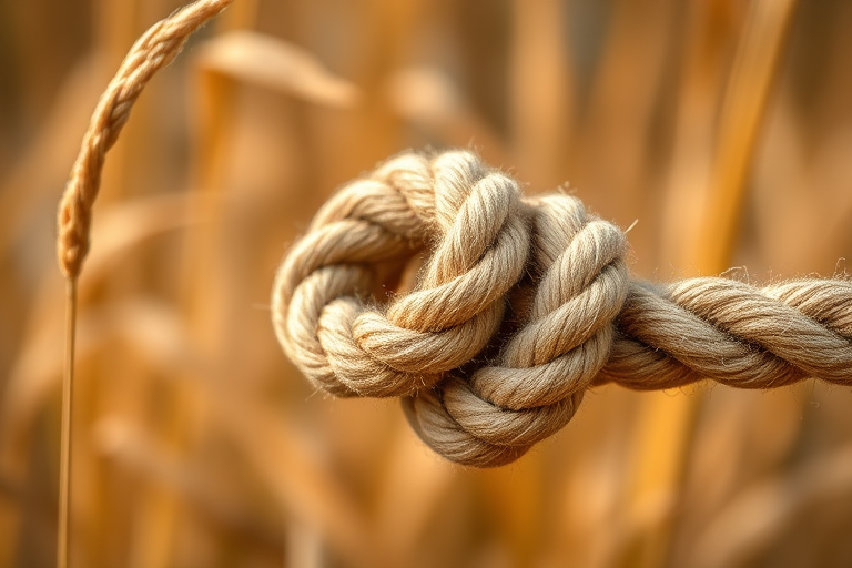 Capture a detailed macro shot of a thick rope knot with a blurred golden grass background, using a DSLR camera, 50mm lens, aperture f/2.8, ISO 100, shutter speed 1/200 sec, with natural lighting for enhanced texture and clarity.