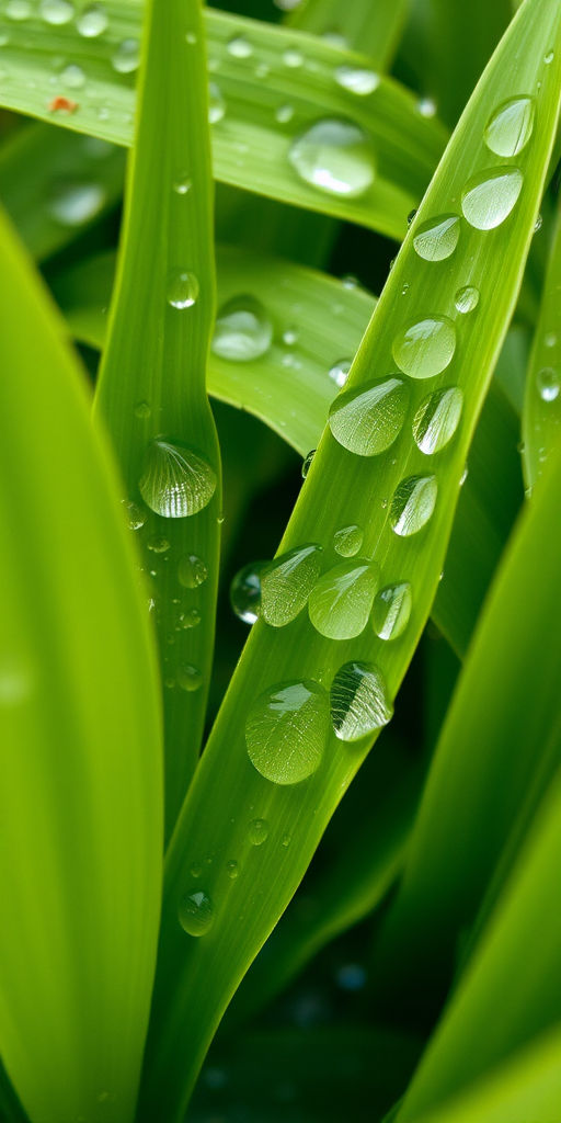 close-up of green leaves with raindrops, macro photography, f/2.8 aperture, ISO 100, 1/200 sec shutter speed, done with a DSLR camera, natural light, focus on texture and detail