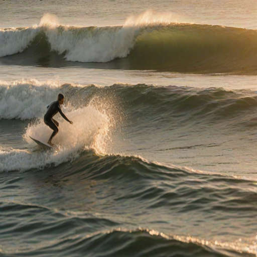 Blurry action shot, a surfer catching a large wave, water splashing around them, sunset colors reflecting off the ocean surface, intense focus on their face, other surfers in the background waiting for the next wave, golden light filtering through the crest of the wave.