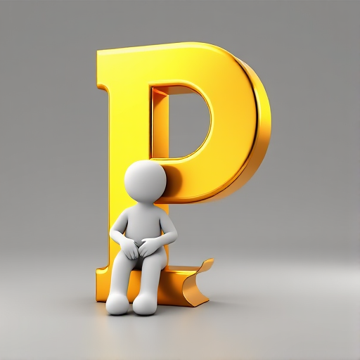 Generate a 3D render of a large, shiny gold letter P with a small white figure sitting against it, using a Canon EOS 5D Mark IV with a 50mm f/1.8 lens, aperture set to f/2.8, ISO 100, at a 45-degree angle view, soft focus background.