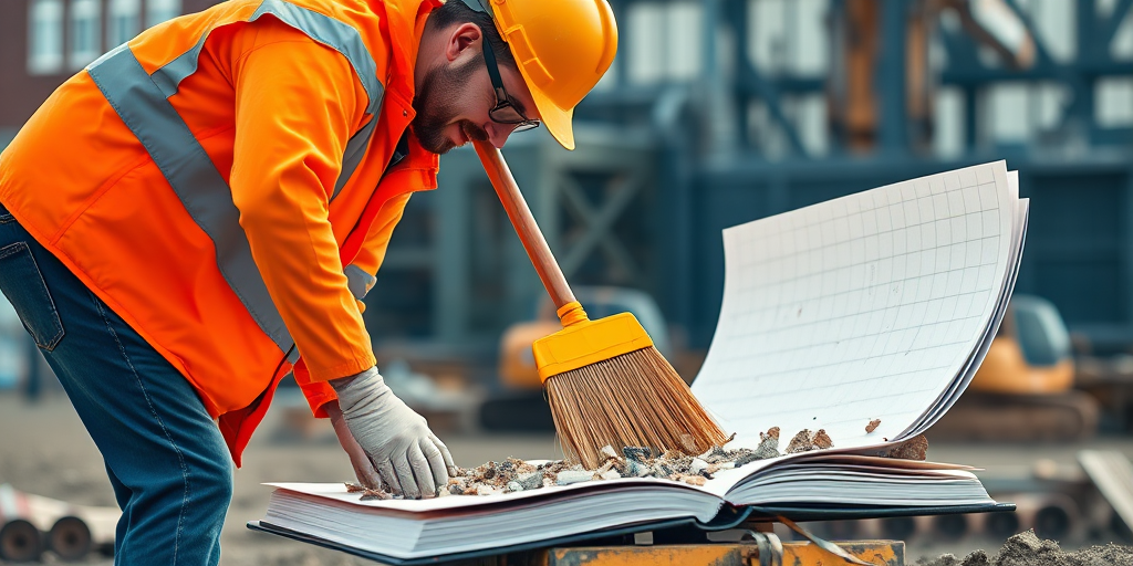 Create a hyper-realistic image of two construction workers in bright orange reflective vests sweeping debris in a creatively oversized notebook, using a DSLR camera with a 50mm lens, aperture set to f/2.8, ISO 100, and natural lighting to enhance detail and contrast.