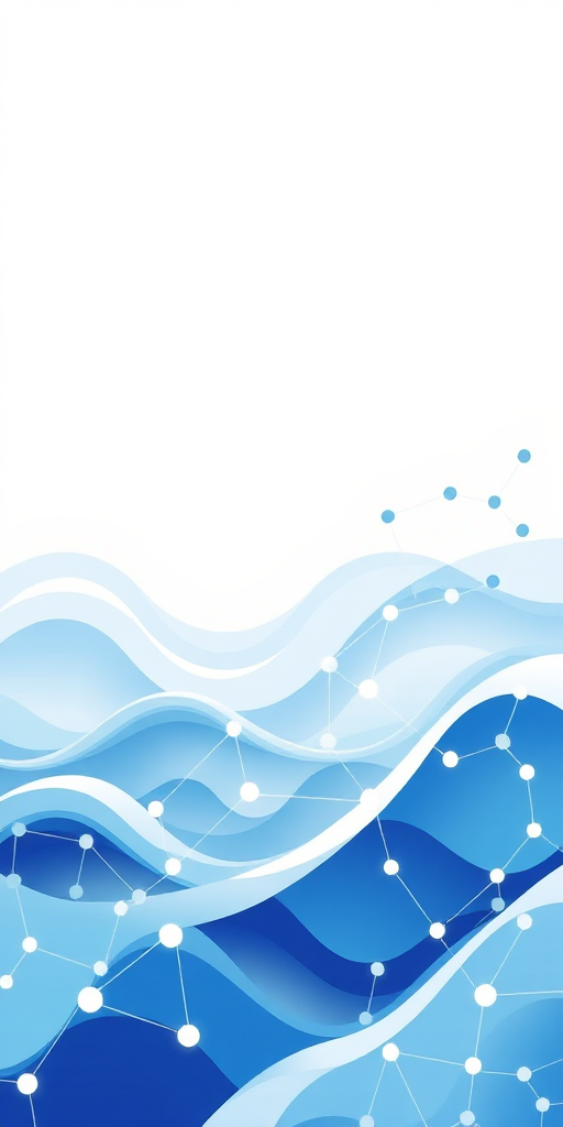 Generate an abstract image featuring interconnected hexagons and nodes over a wavy, blue and white background, using a high-resolution digital camera, with a depth of field of f/8, ISO 100, and a focal length of 50mm, capturing a clean and vibrant illustration style.