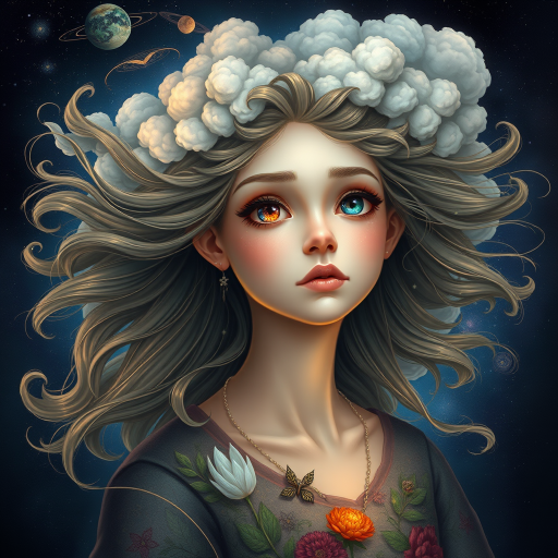 Create a series of imaginative portraits where each subject is infused with elements of fantasy and nature. The hair of the individuals should flow like clouds, varying from soft, fluffy cumulus to wispy cirrus strands, with hints of color reflecting a sunset or a clear blue sky. The eyes should be windows to entire galaxies, with stars, nebulae, and distant planets visible within them. Clothing should be adorned with nature motifs, such as floral patterns that bloom and change, vines that seem to grow and wrap around, or feathers that shimmer with iridescence. Each portrait should capture a unique personality, blending human features with the ethereal beauty of the natural and cosmic world. The backgrounds can vary, from starry night skies to enchanted forests, adding depth and context to the magical realism of the portraits