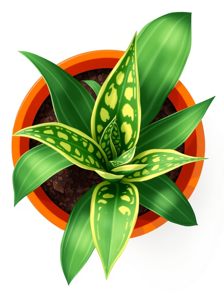 Create a vibrant illustration of a snake plant in an orange pot with a clean white background, using a high-resolution digital art style, simulated camera settings of f/2.8 aperture, ISO 100, and 1/60 shutter speed for sharp details, in a top-down view.