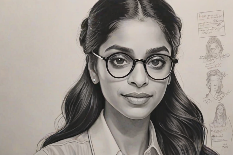 Enticing Lilly Singh, pencil sketch, portrait of Exquisite woman 1923s in glasses, hair style beatnik, outline, clear lines, fine lines, 8k