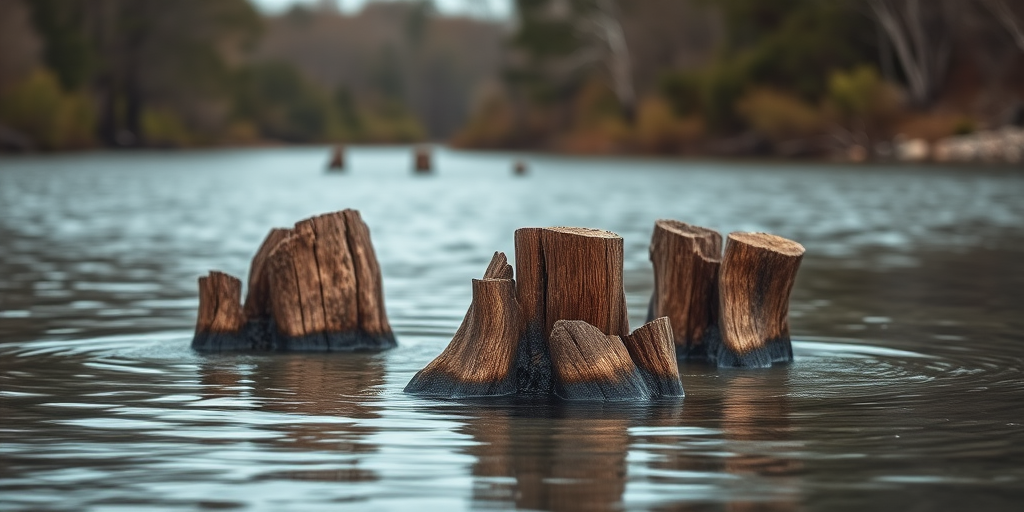 capture a serene river scene with a focus on weathered wooden stumps emerging from calm waters surrounded by trees in the background, use a Canon EOS R5, 50mm lens, aperture f/2.8, shutter speed 1/200s, ISO 100, soft natural lighting, and a slight vignette to enhance depth.
