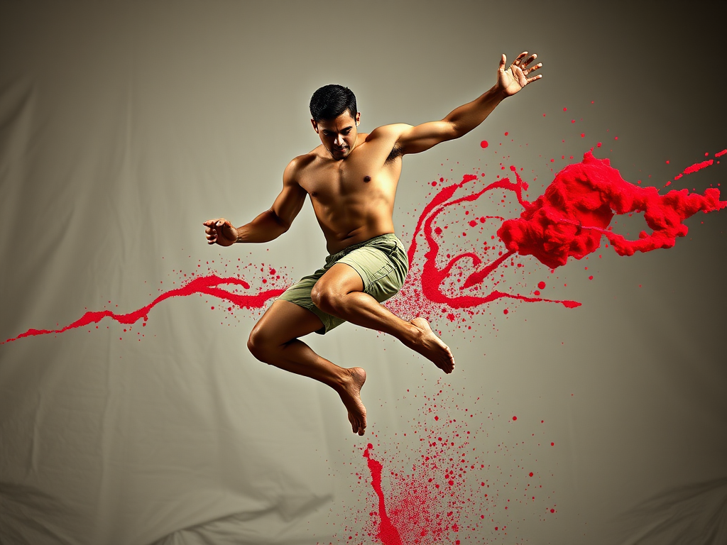 Create a dynamic image of a muscular male figure mid-leap, with vibrant red splashes and an abstract background, using a DSLR camera with a 50mm lens, f/1.8 aperture, ISO 200, 1/200s shutter speed, taken from a low angle to emphasize height and impact, styled with dramatic lighting to enhance the sense of motion and energy.