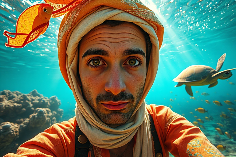 Realistic selfie image of a Sahrawi, wearing a vintage outfit, detailed dreamy eyes, droopy hooded eyes, staring at the camera, taken underwater at coral reef with a sunbeam filtering through the water, vibrant, summer vacation, natural lighting, turtle and school of tropical fish with vibrant colors, rendered in the style of CryEngine, Pegi Nicol MacLeod, with realistic genre scenes, hauntingly beautiful narratives, ultra-realism, and Thomas Saliot's close-up technique, 8K resolution, crystal clear and sparkling water.
