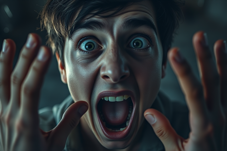Create a hyper-realistic close-up portrait of a person with wide eyes and an open mouth as if screaming, set against a dark, chaotic background with hands reaching out, captured with a Canon EOS R5, 50mm lens, f/1.8 aperture, ISO 100, and a shallow depth of field for a dramatic effect.