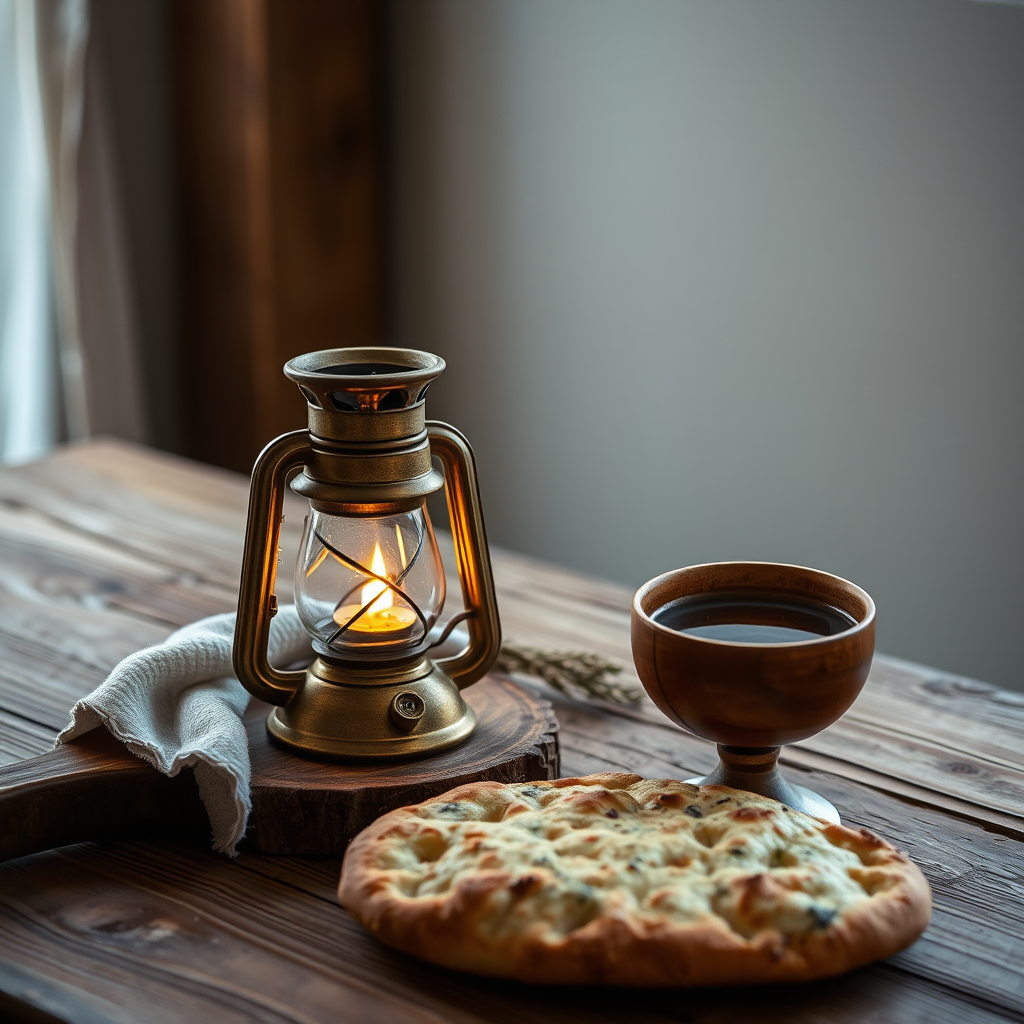 create a still life composition featuring a lit oil lamp and a wooden wine glass on a textured wooden table with a piece of flatbread, use a DSLR camera with a 50mm lens, aperture set to f/1.8 for shallow depth of field, ISO 200 for low noise, natural light emphasizing the warm glow of the flame and soft shadows for dramatic effect