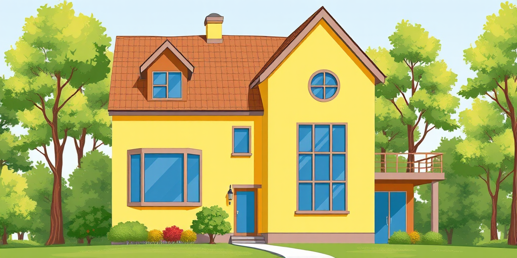 A detailed illustration of a modern yellow house with blue windows and a brown roof, surrounded by green trees, captured with a DSLR camera at f/8 aperture, 1/250 shutter speed, ISO 100, using a 24mm lens, in natural daylight.