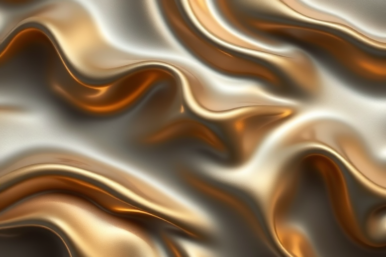 Create a high-resolution abstract image of wavy metallic textures in shades of gray and gold, using a 50mm lens, f/1.8 aperture, ISO 100, and studio lighting to enhance contrast and detail, shot from a straight-on perspective.