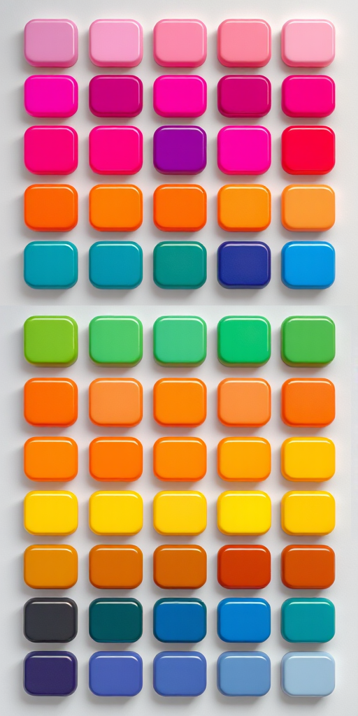 Create an image of a grid of 20 glossy gradient buttons in various colors, arranged in four rows and five columns, with a soft shadow effect and a glossy finish, using a Canon EOS 5D Mark IV camera, f/2.8 aperture, 1/60s shutter speed, ISO 100, in a studio setting with diffused lighting.