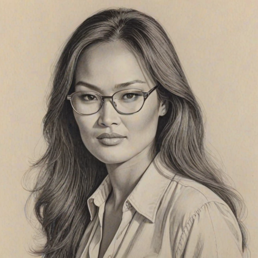 Captivating Tia Carrere, pencil sketch, portrait of Superb woman 1970s in glasses, hair style beatnik, outline, clear lines, fine lines, 8k