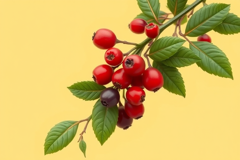 generate a detailed illustration of a plant with berries and leaves on a soft yellow background using a Canon EOS R5 with a 50mm f/1.2 lens, aperture set to f/4 for optimal depth of field, shot from a slightly elevated angle to capture the arrangement of the berries and leaves, in a bright and clean style with vivid colors and smooth lines for enhanced clarity.