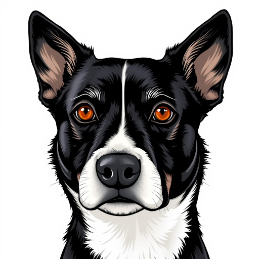 Create a detailed illustration of a black and white dog with striking amber eyes. The dog's face should be prominent and expressive, featuring a mix of fur textures. The background should be a soft, neutral color to enhance the dog's features. The overall style should be bold and graphic, emphasizing the dog's unique characteristics.
