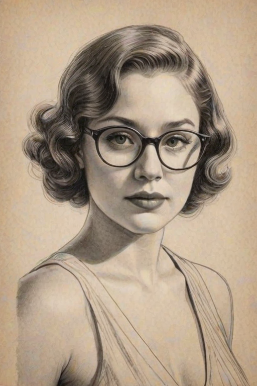 Fetching Kether Donohue, pencil sketch, portrait of Sublime woman 1933s in glasses, hair style beatnik, outline, clear lines, fine lines, 8k