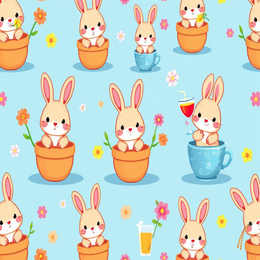 Create a seamless pattern of cute cartoon rabbits sitting in pots with flowers and colorful drinks on a bright blue background, shot with a DSLR camera at f/8 for sharpness, ISO 100 for clarity, and a 50mm lens for enhanced color vibrancy and detail.