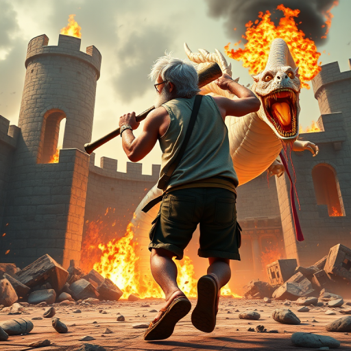 Cartoon 3D High-Resolution,dynamic battle scene using Unreal Engine 5 and Octane Render. The scene features back of an elderly, thai man with a beard,messy hair and round golden-rimmed glasses. He is wearing a tattered tank top with soot marks, shorts, and sandals. sweating. he wields a baseball bat. He jump to fight with a white fire-breathing Europe dragon amidst a partially destroyed stone castle. Include intense flames, smoke, and debris to enhance the dramatic effect.