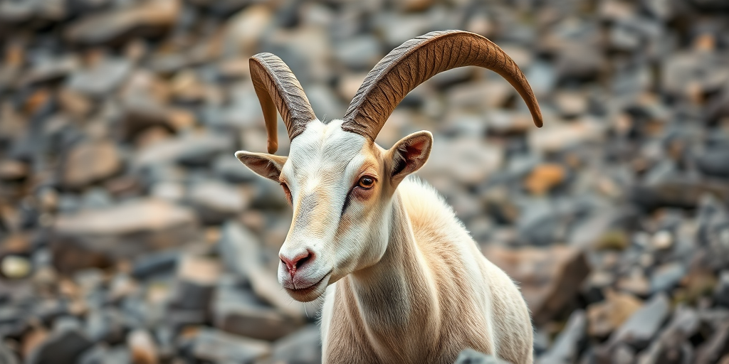 Regenerate the image of a mountain goat with large, curved horns in a rocky environment, using a DSLR camera with a 50mm lens at f/1.8, ISO 100, and a shallow depth of field to enhance image quality and focus on the subject.