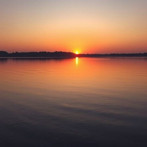 Create a high-resolution image of a serene sunset over a calm lake, using a Canon EOS R5, with a 24mm f/1.4 lens, aperture set to f/8, ISO 100, shot in landscape orientation, with soft golden lighting and smooth water reflections.