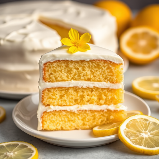 A slice of lemon cake with three layers frosted with white icing garnished with a small yellow flower on top placed on a white plate with a blurred background of the whole cake and lemon slices around it