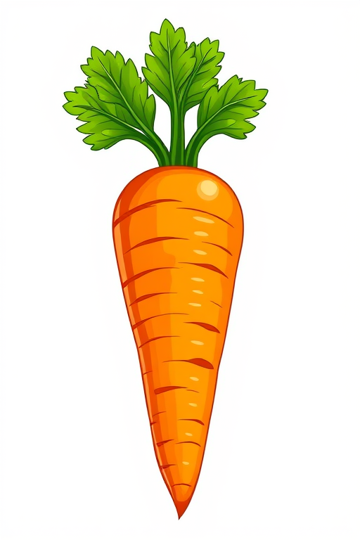 Create a vibrant illustration of a carrot with a green leafy top, using bright colors and a smooth vector style, camera settings set to ISO 100, aperture f/2.8, focal length 50mm, using a DSLR camera from a front view at eye level for a clean finish.