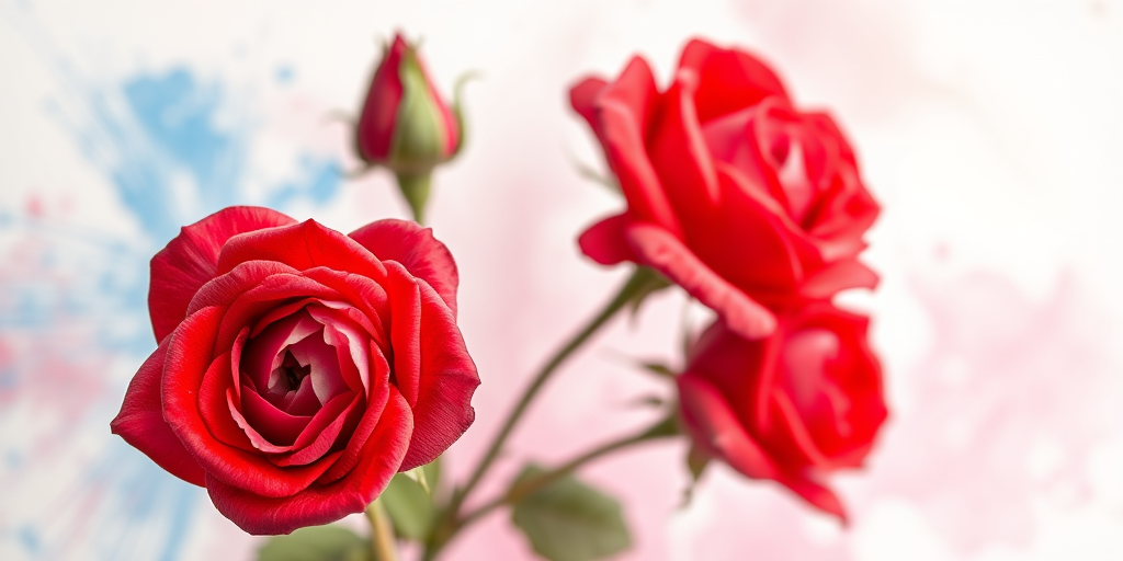 Create a vibrant watercolor painting of three red roses with soft blue and pink background splashes, using a Canon EOS R5 at f/4, ISO 100, 1/125s, with a macro lens for close-up detail and a soft focus effect for an ethereal look.