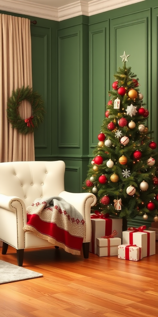 Create an image of a cozy living room decorated for the holidays. Include a beautifully adorned Christmas tree with red and white ornaments, placed next to a stylish white armchair. The walls should be a rich green color, featuring elegant paneling. Add a few wrapped presents near the tree and a soft blanket draped over the armchair. The flooring should be warm wood to enhance the inviting atmosphere.