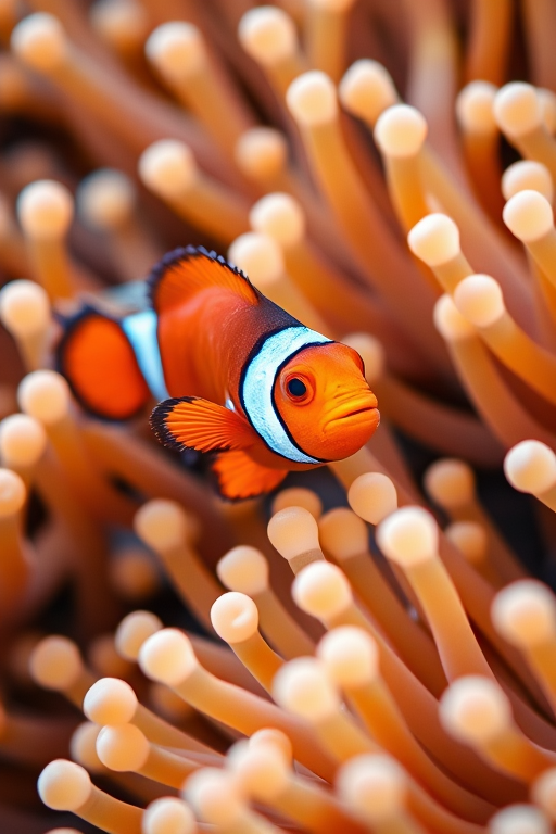 Capture a vibrant clownfish swimming among white anemone tentacles with a shallow depth of field, using a macro lens at f/2.8, ISO 200, 1/125 sec, in natural light to enhance color saturation and detail.