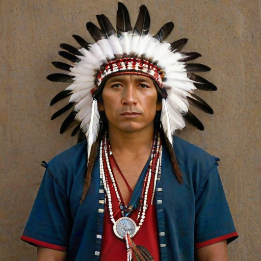 Create a dignified portrait of a Native American man dressed in traditional attire. He wears a beautifully crafted headdress adorned with white feathers and red beads, along with a beaded headband featuring intricate patterns. His clothing includes a deep blue, patterned shirt and a traditional chest piece with detailed beadwork. His arms are crossed, displaying leather armbands decorated with feathers. The background is simple and neutral, emphasizing his proud and stoic expression. The overall image captures the rich cultural heritage and strength of his persona.