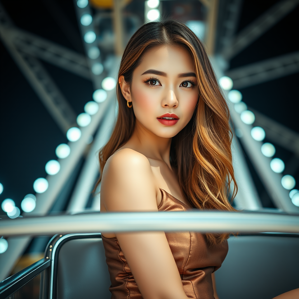 Attractive photo of woman:Taiwanese:0.4, highlight hair, wearing Bronze dress, sitting on Ferris wheel car, rim lighting, studio lighting, looking at the camera, dslr, ultra quality, sharp focus, tack sharp, dof, film grain, Fujifilm XT3, crystal clear, 8K UHD, highly detailed glossy eyes, high detailed skin, skin pores