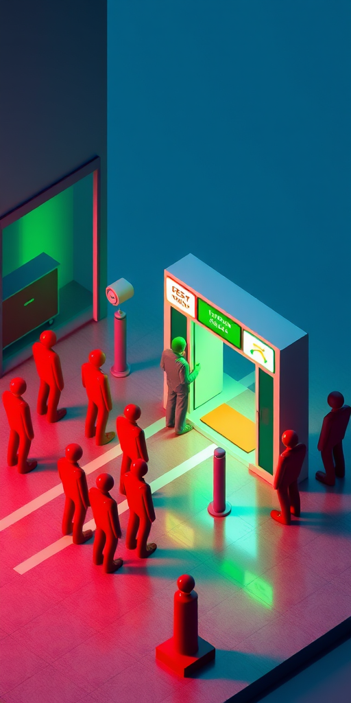 regenerate an isometric 3D scene of a checkpoint with a green figure approaching while red figures wait in line, increase color saturation and add shadows for depth, use a Canon EOS R with a 35mm lens, aperture f/2.8, ISO 100, and a viewpoint from slightly above eye level for an engaging perspective