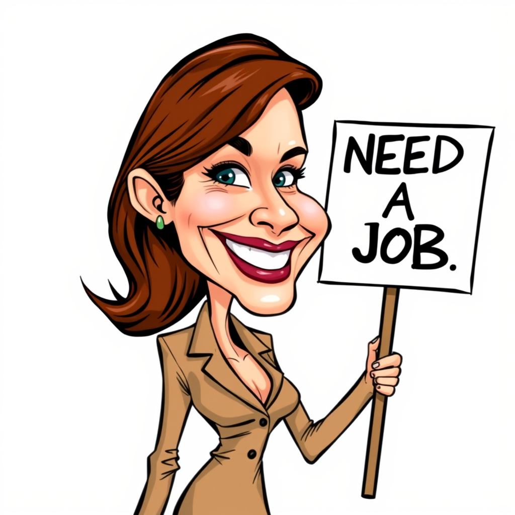 caricature of a smiling Julianne Moore in a Tan dress or suit, holding up a sign that says "NEED A JOB", no watermark,