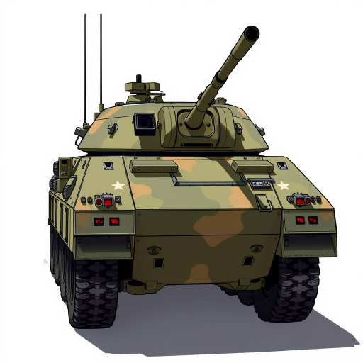 Create a detailed digital illustration of a military armored vehicle in a camouflage pattern, viewed from the side with a sharp focus, using a 50mm lens, f/8 aperture, 1/250s shutter speed, in high resolution on a DSLR camera for enhanced clarity and color vibrancy.