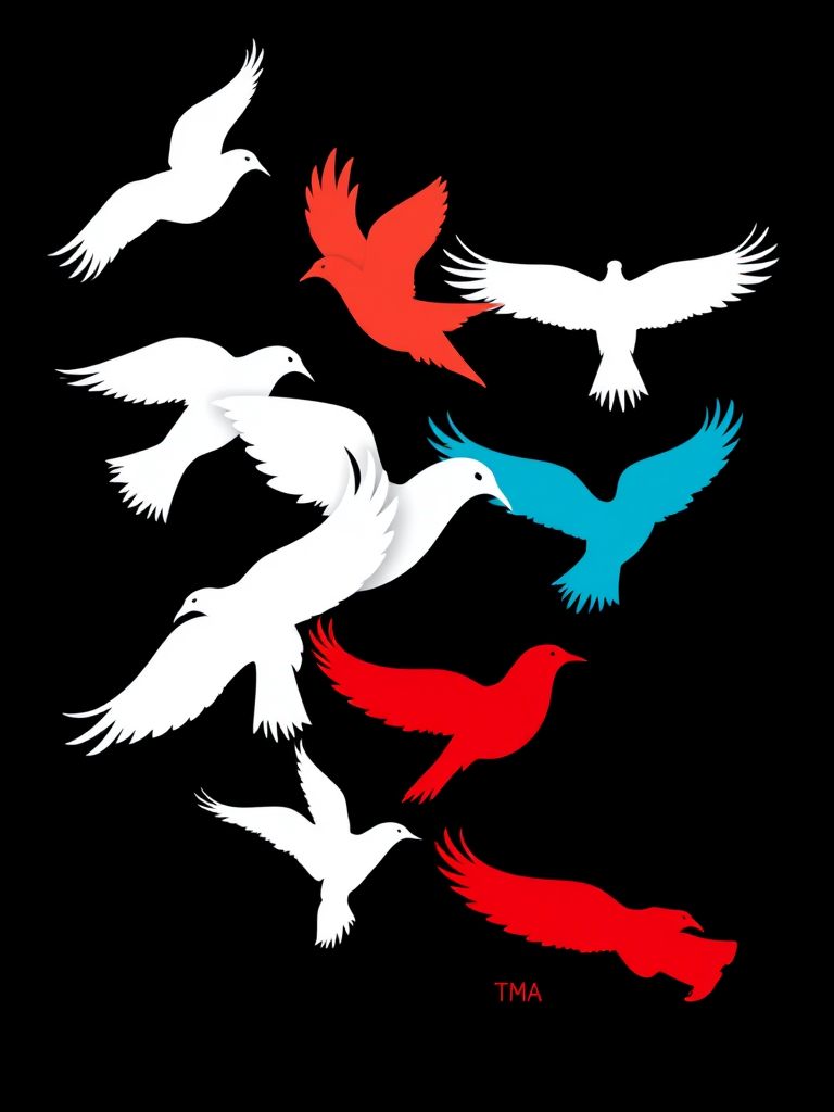 Create a high-resolution vector image featuring stylized bird silhouettes in red, white, and cyan arranged in a dynamic flow with a black background, using a DSLR camera style, aperture f/8, ISO 100, 24mm lens, with a focus on vibrant colors and sharp contrasts.