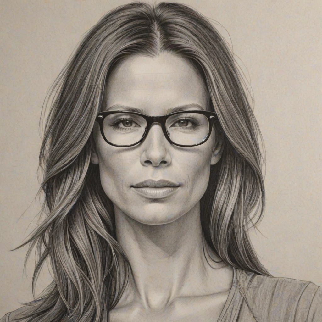 Charming Rhona Mitra, pencil sketch, portrait of Exquisite woman 1971s in glasses, hair style beatnik, outline, clear lines, fine lines, 8k