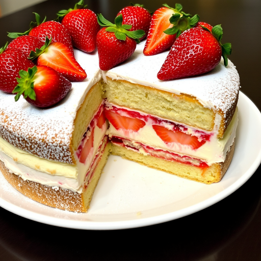 A delicious layered cake with creamy filling and fresh strawberries on top, dusted with powdered sugar, served on a white plate, showcasing a slice revealing the strawberry layers inside.
