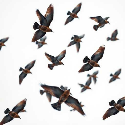 a high-resolution image of a flock of birds in flight against a white background, captured with a Canon EOS R5, 24mm lens, aperture f/8, shutter speed 1/2000s, ISO 100, top-down aerial view, sharp focus on the birds, minimal noise, and high contrast