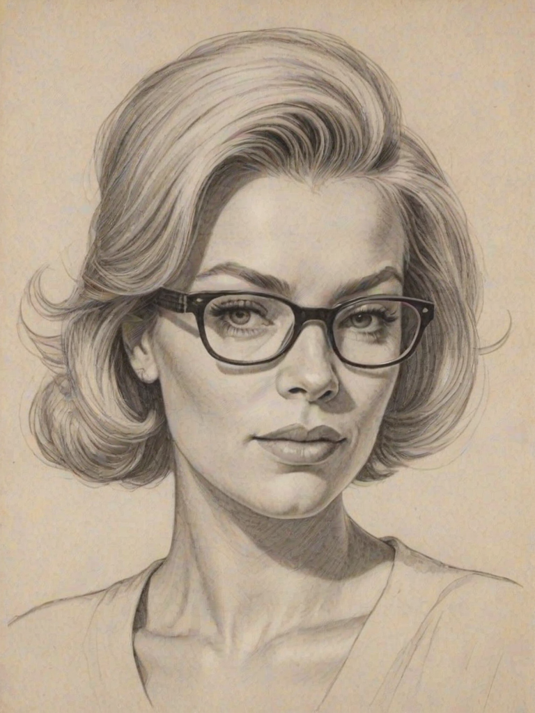 Sublime Hannah Waddingham, pencil sketch, portrait of Comely woman 1961s in glasses, hair style beatnik, outline, clear lines, fine lines, 8k