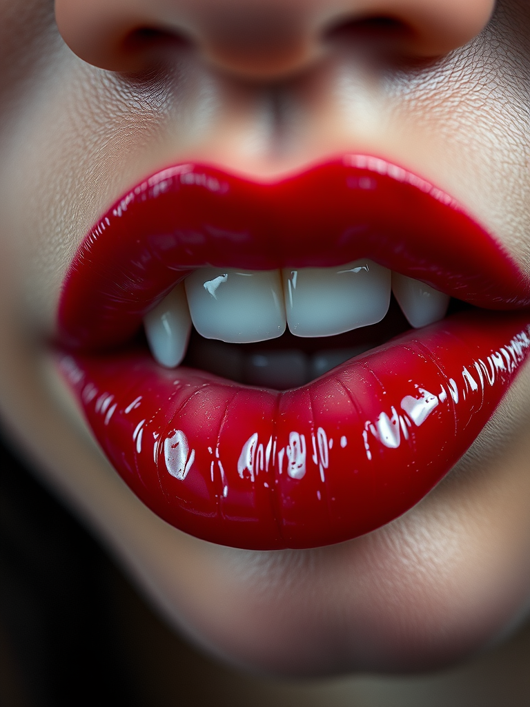 Create a hyper-realistic image of glossy red lips with a prominent white fang, shot with a Canon EOS R5 at f/1.4, ISO 100, 50mm lens, using a macro perspective to enhance texture and detail.