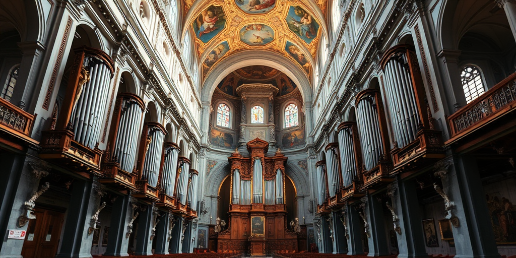 Capture a high-resolution image of a grand church interior featuring ornate frescoes and multiple pipe organs, using a Canon EOS R5 camera with a 24mm f/1.4 lens, settings at ISO 100, aperture f/8, shutter speed 1/15 sec, natural light, and a wide-angle perspective to emphasize architectural details.