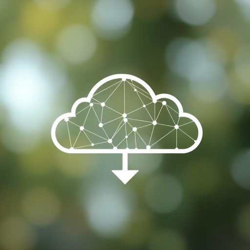 Create a high-resolution image of a stylized cloud with a network pattern connected by nodes, featuring a downward arrow, using a Canon EOS R5 camera, 50mm lens, f/1.8 aperture, ISO 100, and a soft-focus background for depth.